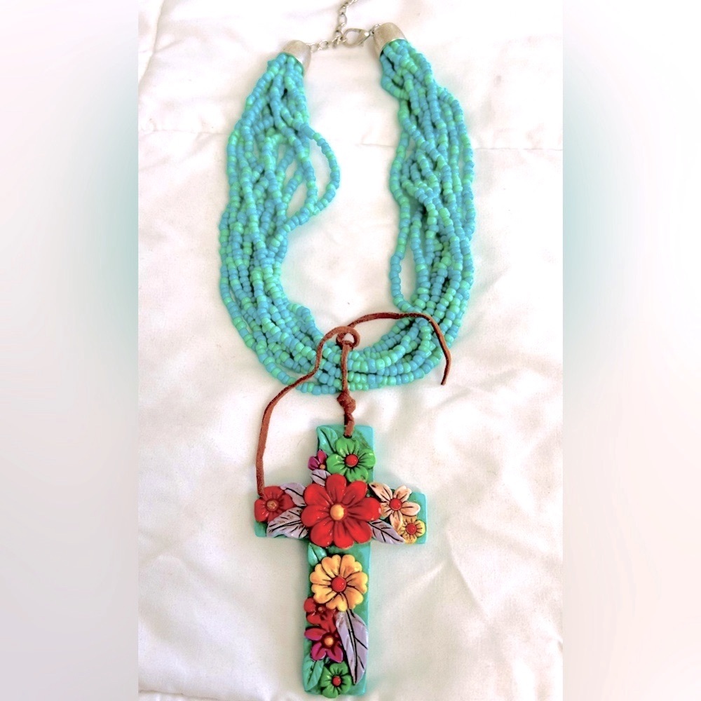 Floral Cross Pendant Necklace - Turquoise and Multicolor